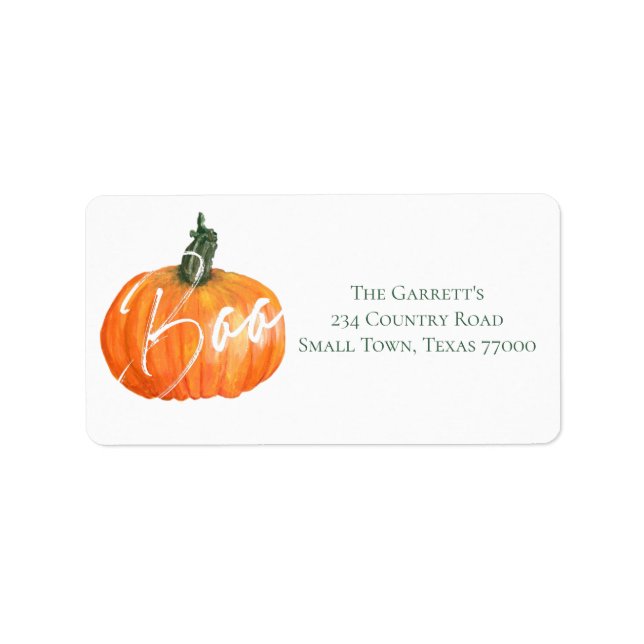 Orange Watercolor Pumpkin Boo Personalized Address Label (Front)