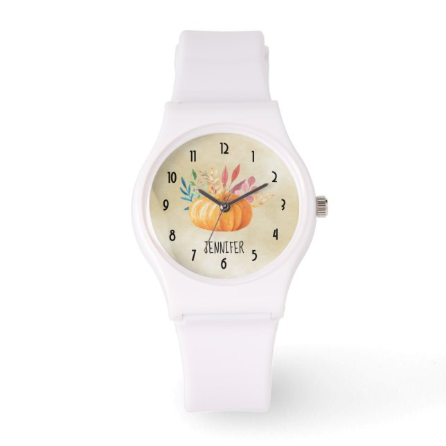 Orange Watercolor Pumpkin Fall Season Watch (Front)