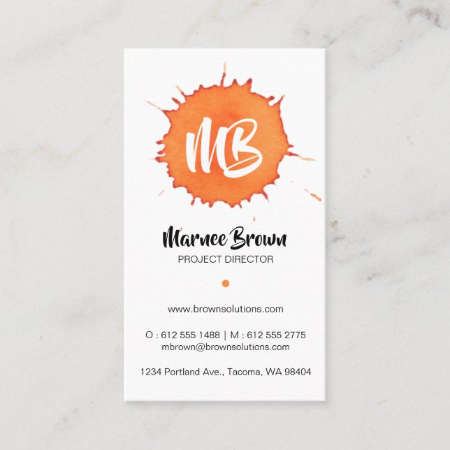 Orange Watercolor Stain - Monogram Business Card (Front)