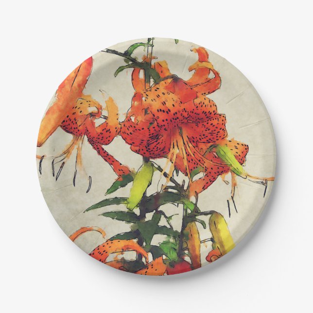 Orange Watercolor Tiger Lily 1 Paper Plate (Front)
