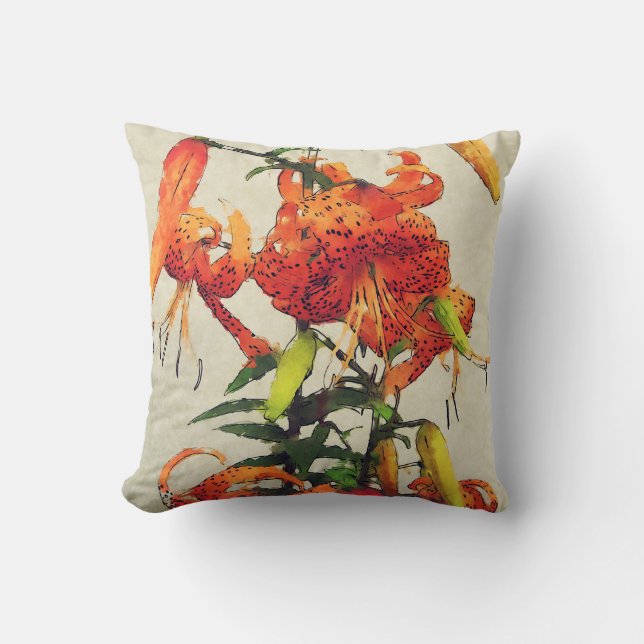 Orange Watercolor Tiger Lily 1 Throw Pillow (Front)