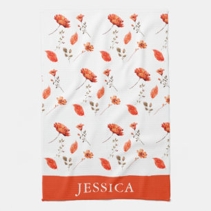 Orange Watercolor Wildflower Name Kitchen Towel