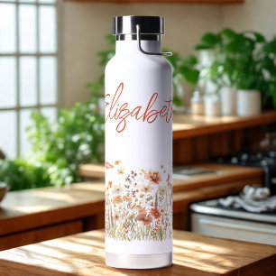 Orange Watercolor Wildflower Water Bottle