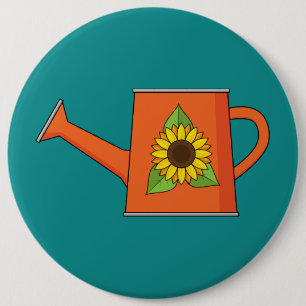 Orange Watering Can with Sunflower 6 Inch Round Button