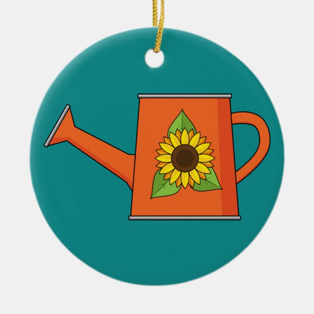 Orange Watering Can with Sunflower Ceramic Ornament (Front)