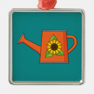 Orange Watering Can with Sunflower Metal Ornament