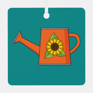 Orange Watering Can with Sunflower Metal Ornament