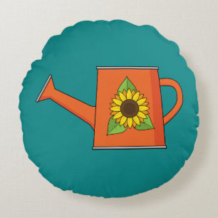Orange Watering Can with Sunflower Round Pillow