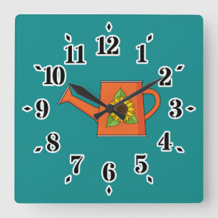 Orange Watering Can with Sunflower Square Wall Clock