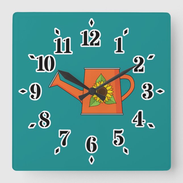 Orange Watering Can with Sunflower Square Wall Clock (Front)