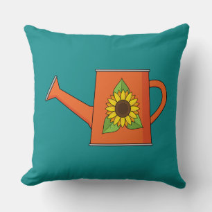 Orange Watering Can with Sunflower Throw Pillow