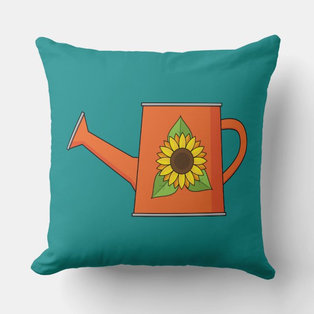 Orange Watering Can with Sunflower Throw Pillow (Front)