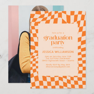 Orange Wavy Chequered Retro Graduation Party Photo Invitation