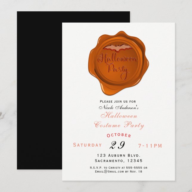 Orange Wax Seal Halloween Costume Party Invitation (Front/Back)
