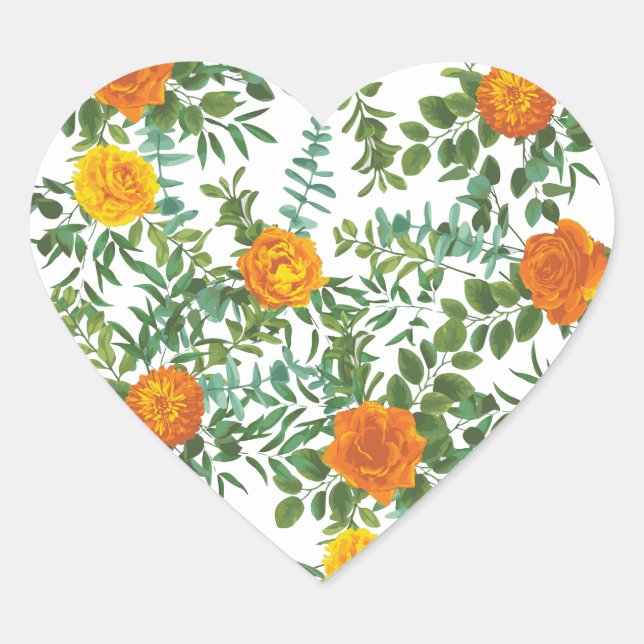Orange Wedding Peony Rose Floral Heart Sticker (Front)