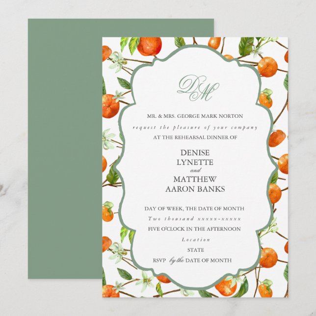 Orange Wedding Set Basil Green Invitation (Front/Back)