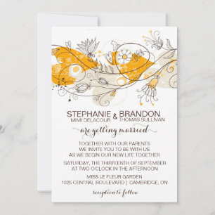 Orange Whimsical Hearts Flowers Wedding Invitation