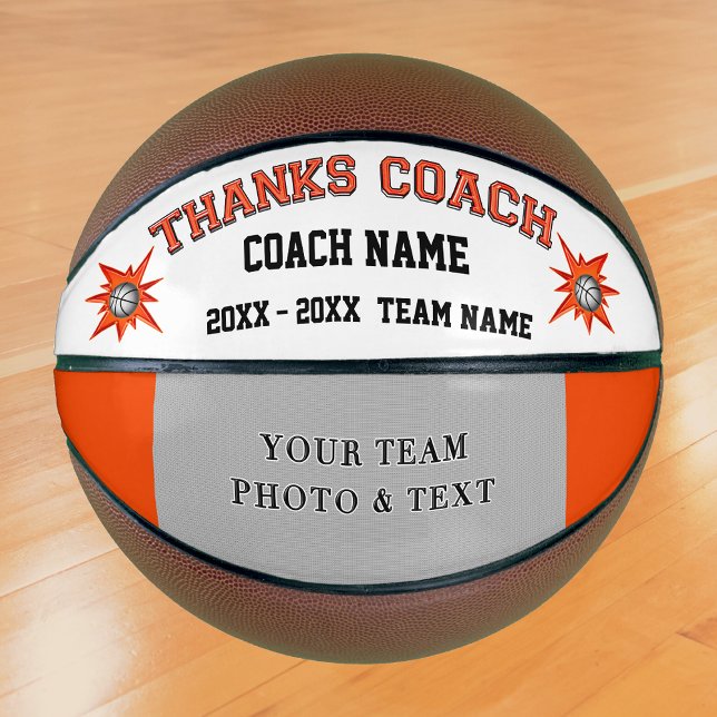Orange White and Black Basketball Coach Gifts (Personalized Photo Basketball. Gifts for Basketball Coaches. Change Text for Basketball Senior Gifts)