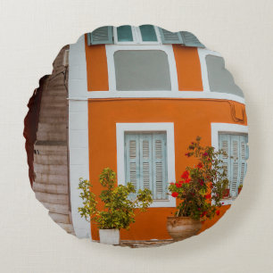 ORANGE WHITE AND GRAY CONCRETE BUILDING ROUND PILLOW