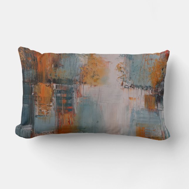 Orange, white, and teal abstract painting lumbar pillow (Front)