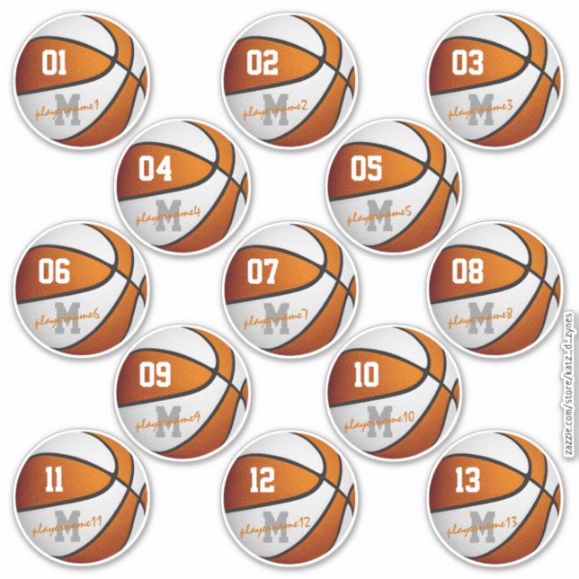orange white basketball 13 athletes sheet of (Front)