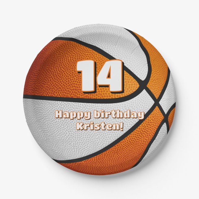 orange white basketball girls sports party paper plate (Front)