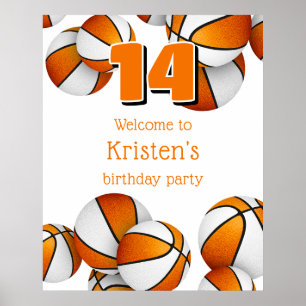 orange white basketballs birthday party welcome poster