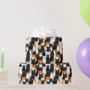Orange White Black Cats Birthday Wrapping Paper