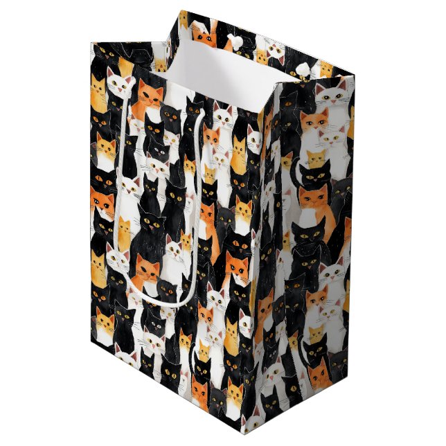 Orange White Black Cats Halloween Medium Gift Bag (Front Angled)