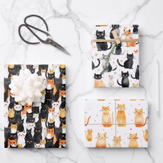 Orange White Black Cats Medium Gift Bag Wrapping Paper Sheet (Front)