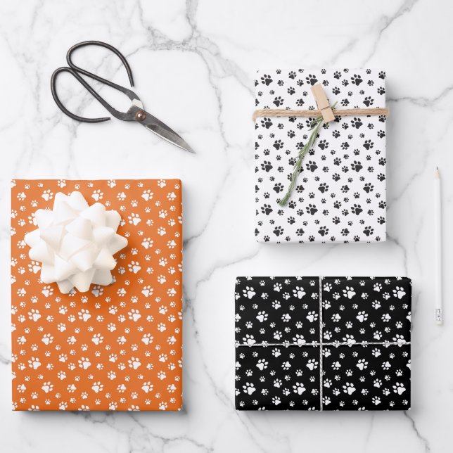 ORANGE WHITE BLACK DOG CAT PET PAW PRINTS WRAPPING PAPER SHEET (Front)