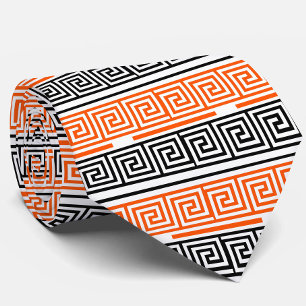 Orange White Black Greek Key Fret Pattern Design Tie