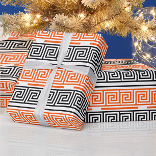 Orange White Black Greek Key Fret Pattern Design Wrapping Paper