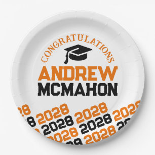 Orange White Black Half Repeat Grad Personalized Paper Plate