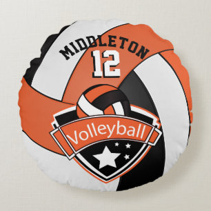 Orange, White & Black Personalize Volleyball Round Pillow