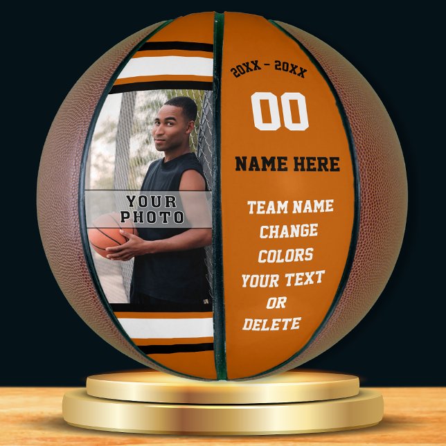 Orange, White, Black PHOTO Personalized Basketball (Senior basketball player gift ideas. Personalised, Photo Basketball. Black, White, Orange Basketball)