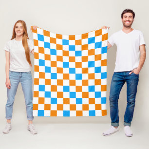 Orange White Blue Chequered Pattern Design Fleece Blanket