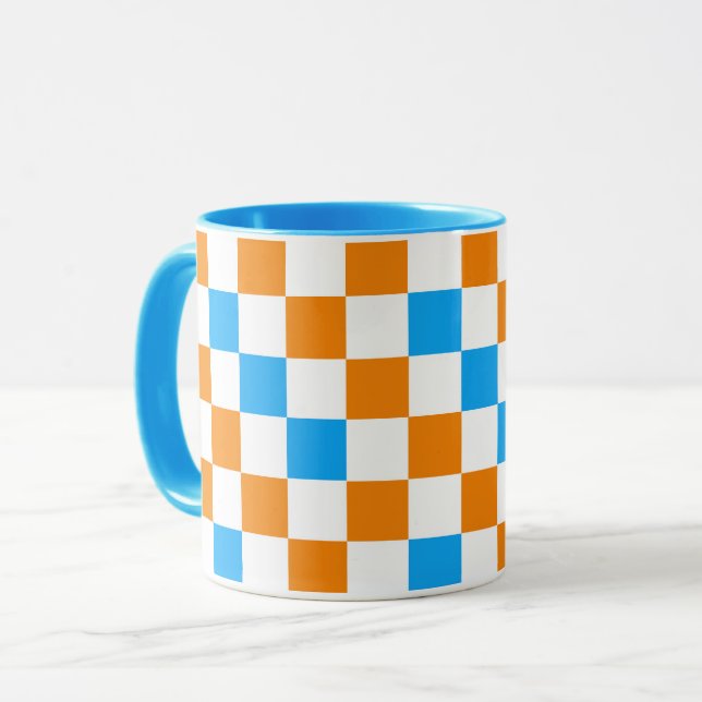 Orange White Blue Chequered Pattern Design  Mug (Front Left)