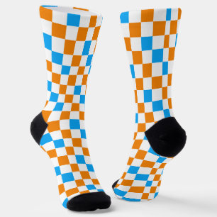 Orange White Blue Chequered Pattern Design Socks