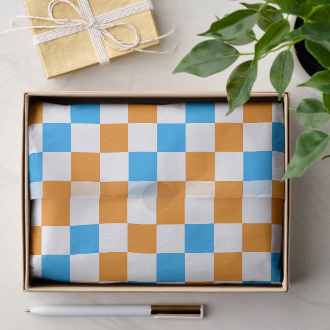 Orange White Blue Chequered Pattern Design  Tissue Paper (Gift)
