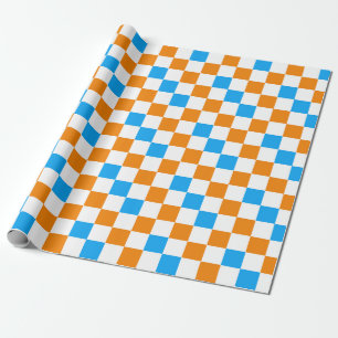 Orange White Blue Chequered Pattern Design  Wrapping Paper