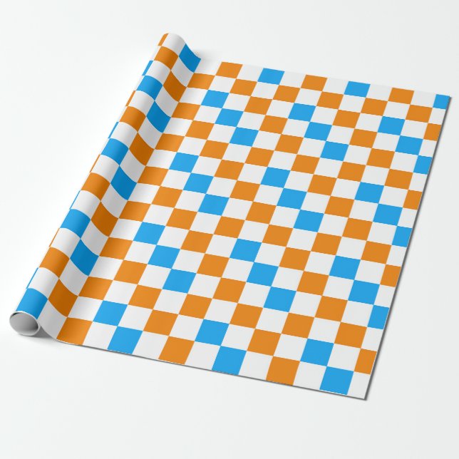 Orange White Blue Chequered Pattern Design  Wrapping Paper (Unrolled)