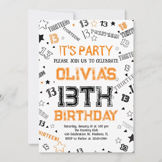 Orange White Boy Number Thirteen Birthday Party Invitation (Front)