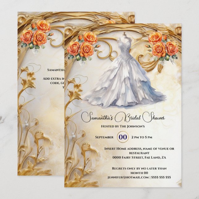 Orange white bridal gown roses luxurious flowers invitation (Front/Back)