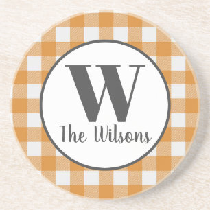 Orange White Buffalo Plaid Monogram Coaster