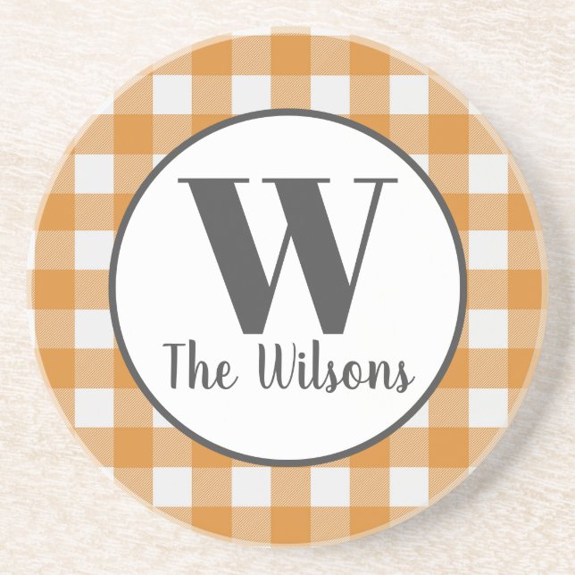 Orange White Buffalo Plaid Monogram Coaster (Front)