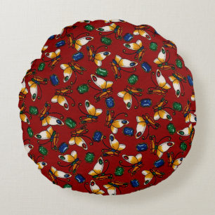 Orange white Butterflies, Emerald, Sapphire on red Round Pillow