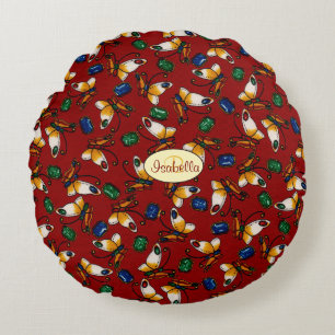 Orange white Butterflies, Emerald, Sapphire Round Pillow