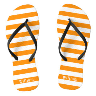 Orange White Cabana Stripes Personalized Beach Flip Flops