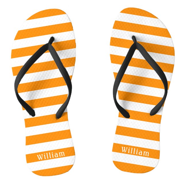 Orange White Cabana Stripes Personalized Beach Flip Flops (Footbed)